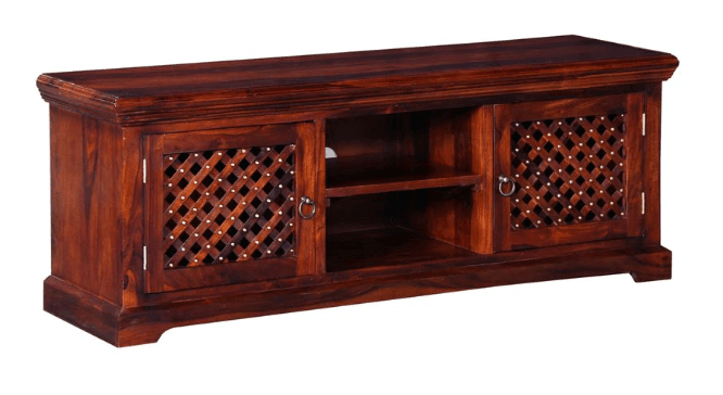 Sheesham Wood TV Unit for Living Room Television Stand with 2 Door Cabinet & 2 Shelf Storage for Bedroom (Walnut Finish) - Ouch Cart 