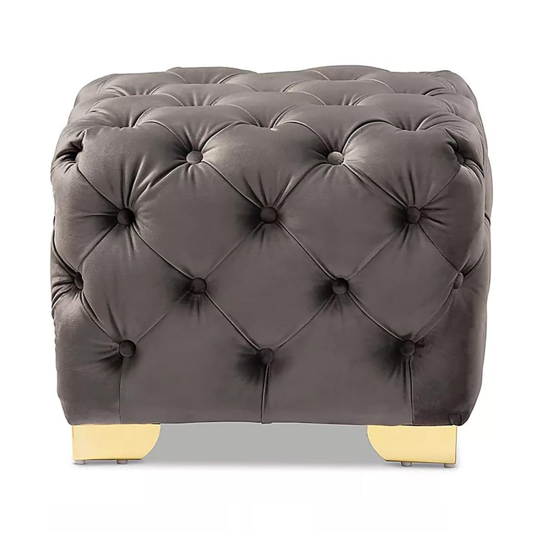 DOE BUCK SQUARE VELVET OTTOMAN/POUFEE IN GREY /GOLD