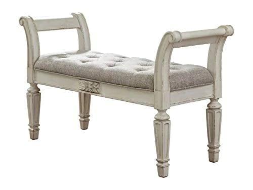 Ashley Realyn French Country Upholstered Tufted Accent Bench, Antique White - Ouch Cart 