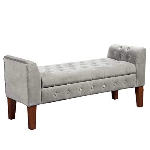 Velvet Upholstered Button Tufted Wooden Bench Settee with Hinged Storage, Gray and Brown - Ouch Cart 