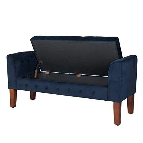 Navy Velvet Storage Bench/Settee Blue Solid Glam Foam Cherry Finish Tufted - Ouch Cart 