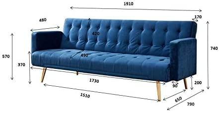 Velvet Three Seater Sofa Bed Golden Finish Legs