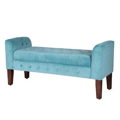 Fabric Velvet Tufted Storage Bench Settee - With Wood Legs, Teal - Ouch Cart 