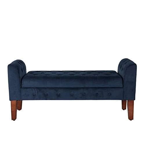 Navy Velvet Storage Bench/Settee Blue Solid Glam Foam Cherry Finish Tufted - Ouch Cart 