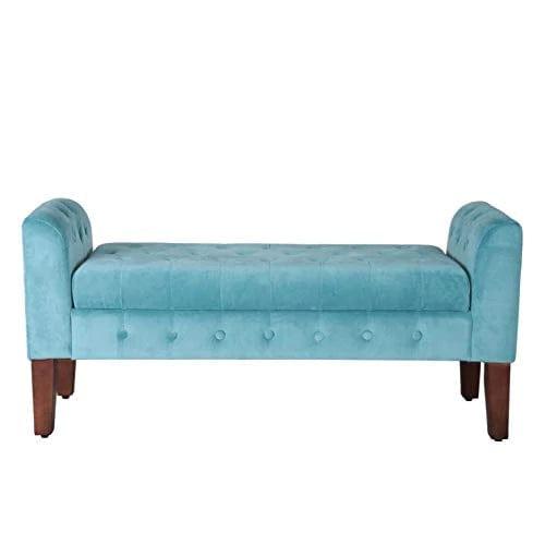 Fabric Velvet Tufted Storage Bench Settee - With Wood Legs, Teal - Ouch Cart 