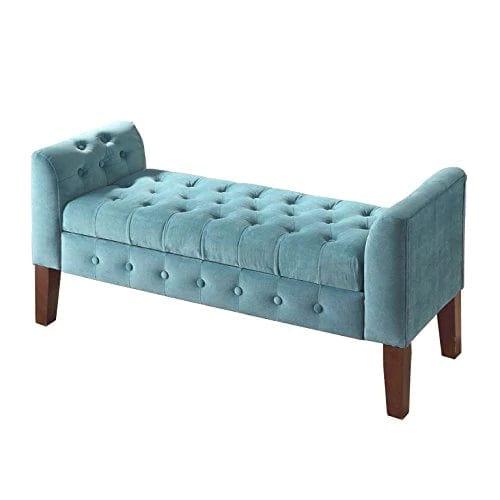 Fabric Velvet Tufted Storage Bench Settee - With Wood Legs, Teal - Ouch Cart 