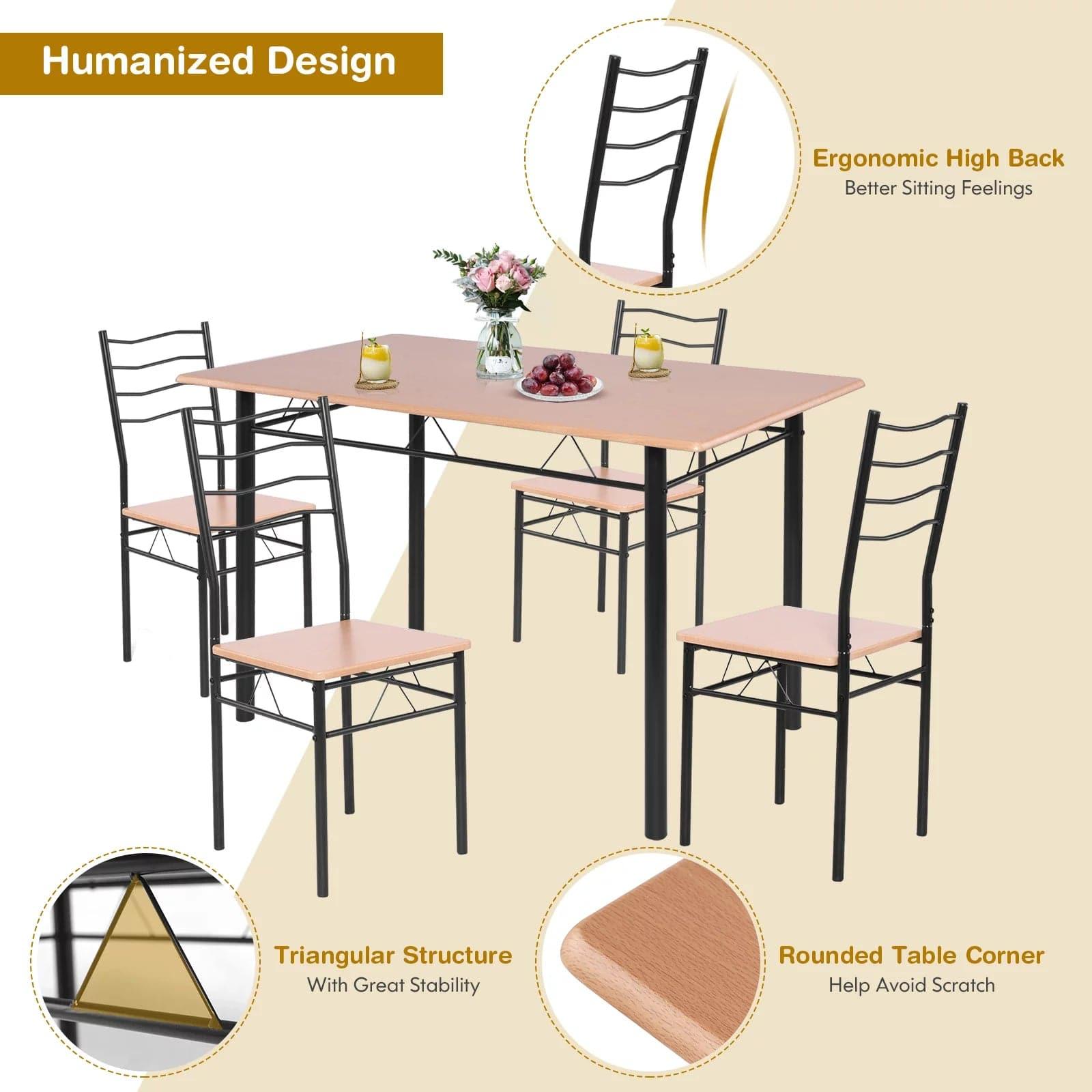 5-Pieces Dining Table Set 4 Chairs MDF Metal Frame Kitchen Furniture Brown