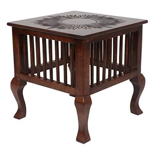 Mango Wood Walnut Finish Handmade Carving Classic Side Table for Living Room