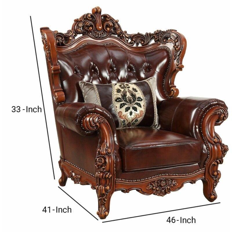 Royal Carved Wide Tufted Arm Chair Sofa (Teak Wood, Dark Brown) - Ouch Cart 