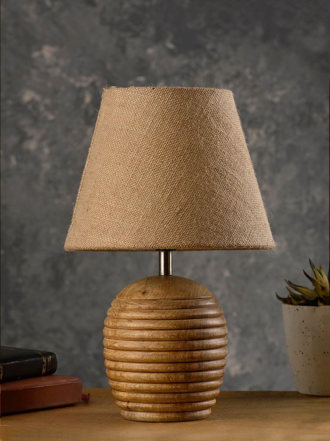 Striped Wooden Brown Lamp with Brown Jute Shade - Ouch Cart 