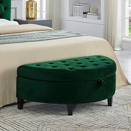 Velvet Upholstered Tufted Button Half Moon Storage Bench Large Ottoman Soft Padded Seat Dressing Shoe Bench