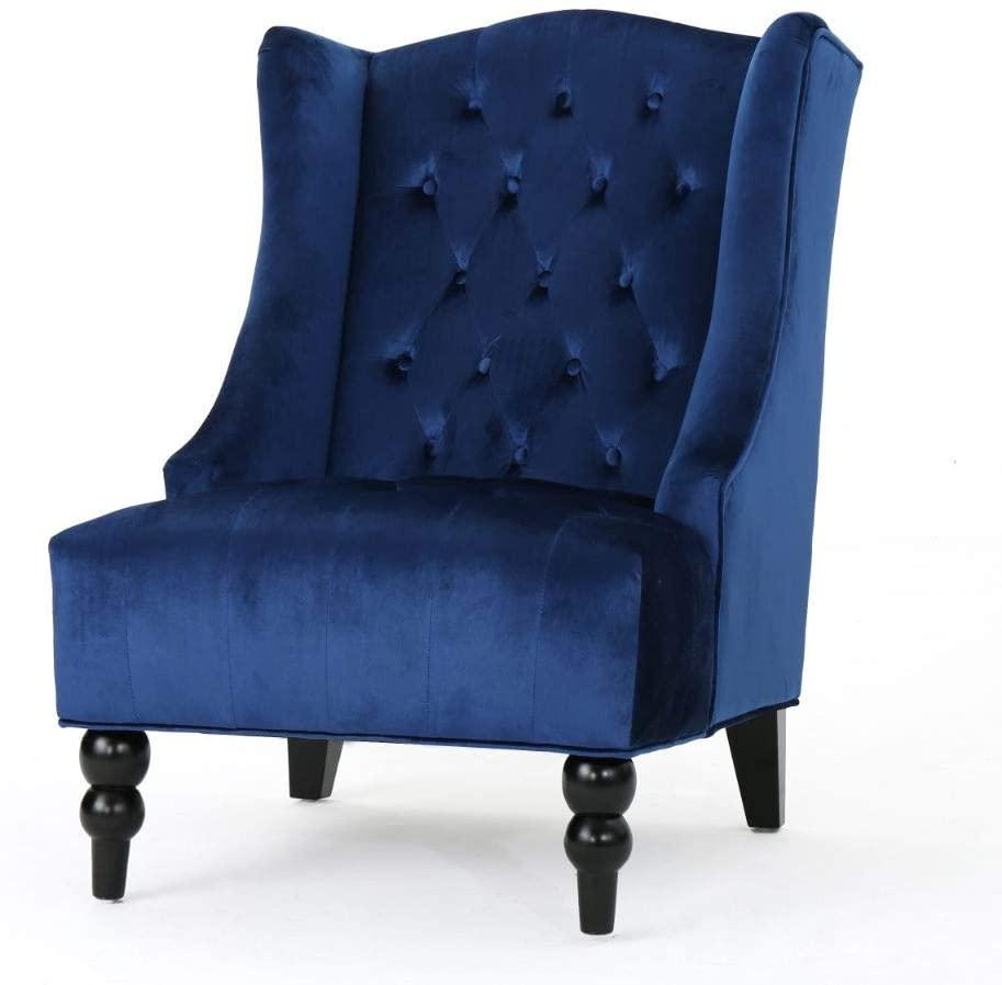 Karen Traditional Chesterfield Loveseat Sofa, Navy Blue and Dark Brown, 61.75 x 33.75 x 27.75 & Toddman High-Back Velvet Club Chair, Navy Blue - Ouch Cart 