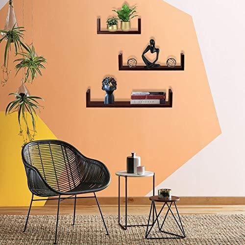 U Shaped Wall Shelf For Living Room Stylish | Wooden Floating Wall Shelves | Storage Racks Organizer and Book Shelves (Set of 3, Mahogany Finish) - Ouch Cart 