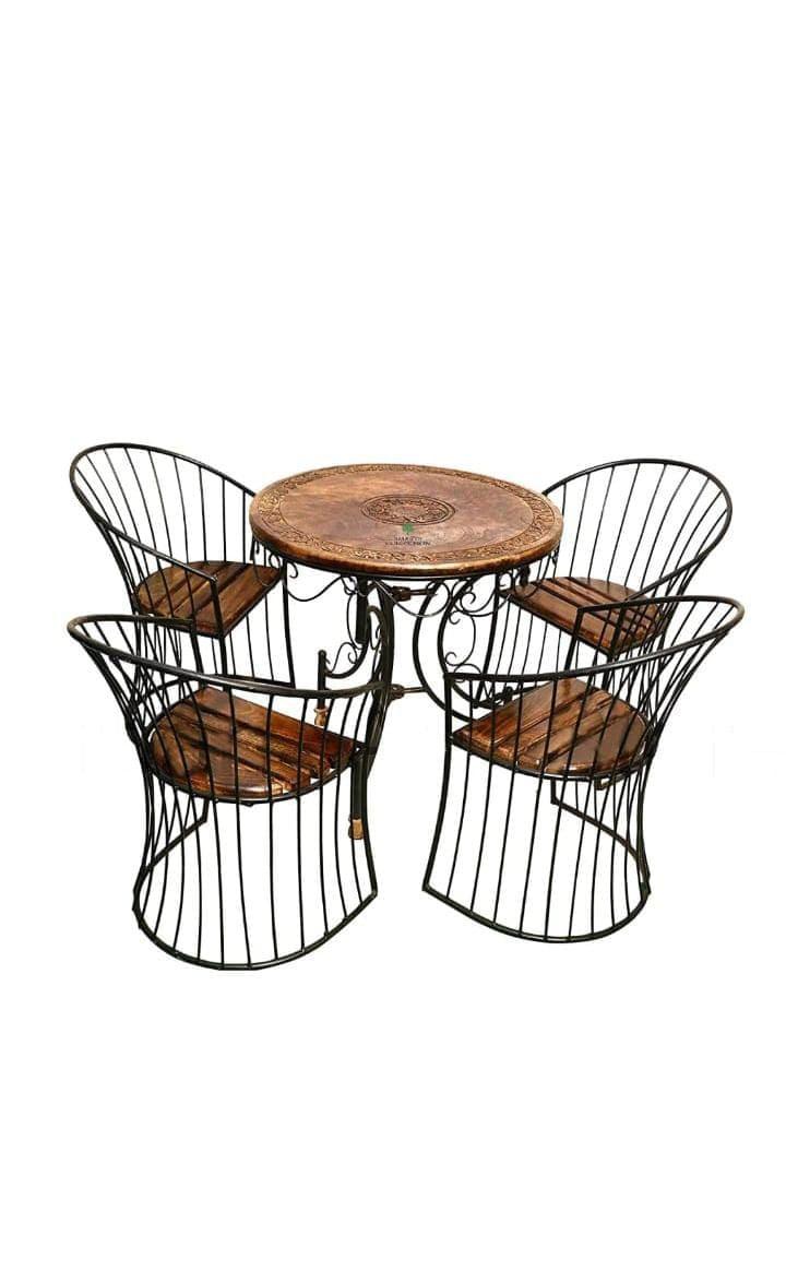 Wooden & Wrought Iron Furniture Set Garden & Outdoor/Indoor Furniture (4 CHAIR + 1 TABLE SET) - Ouch Cart 