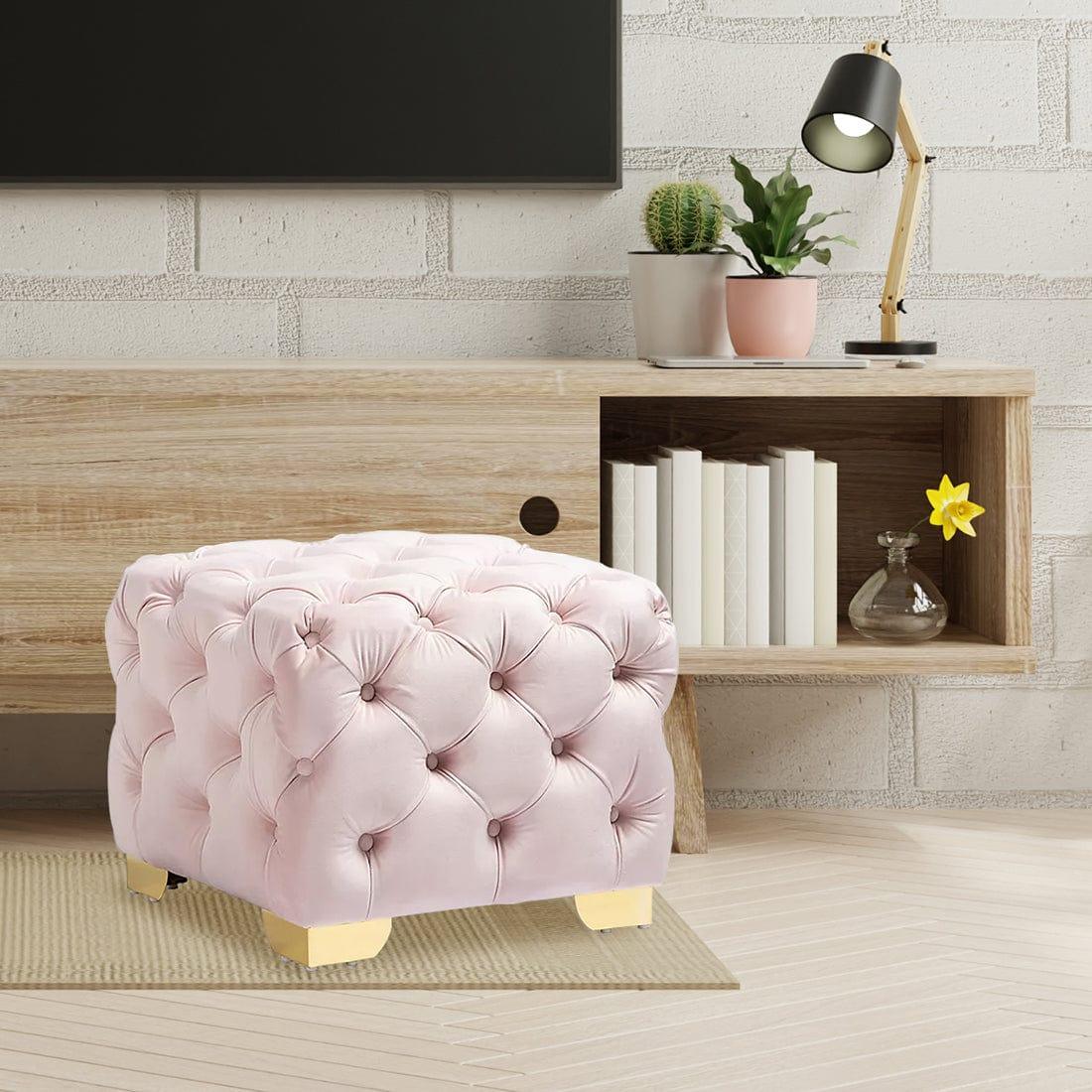 DOE BUCK SQUARE VELVET OTTOMAN/POUFEE IN PINK /GOLD - Ouch Cart 