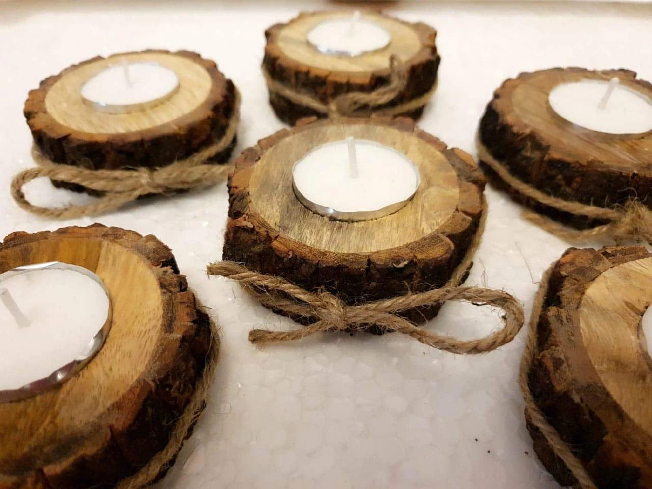 BARK STYLE CANDLE HOLDER WITH CANDLES II WOODEN CANDLE HOLDER ( SRT OF 6 ) - Ouch Cart 
