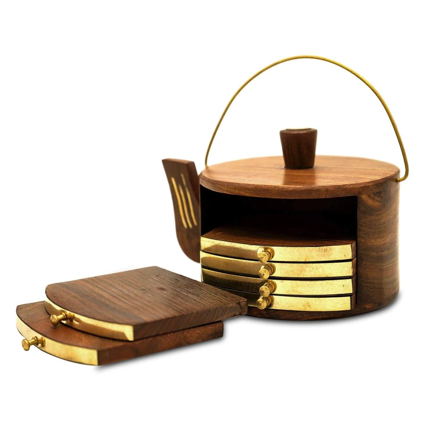 SHEESHAM WOOD KETTLE SHAPE COASTERS ( SET OF 6 ) FOR TEA CUPS/COFFEE CUPS - Ouch Cart 