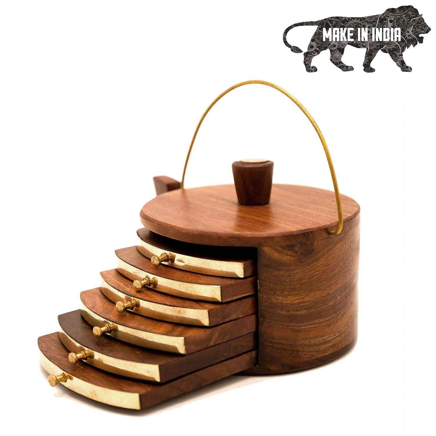 SHEESHAM WOOD KETTLE SHAPE COASTERS ( SET OF 6 ) FOR TEA CUPS/COFFEE CUPS - Ouch Cart 