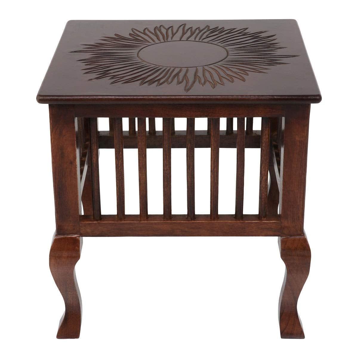 Mango Wood Walnut Finish Handmade Carving Classic Side Table for Living Room - Ouch Cart 