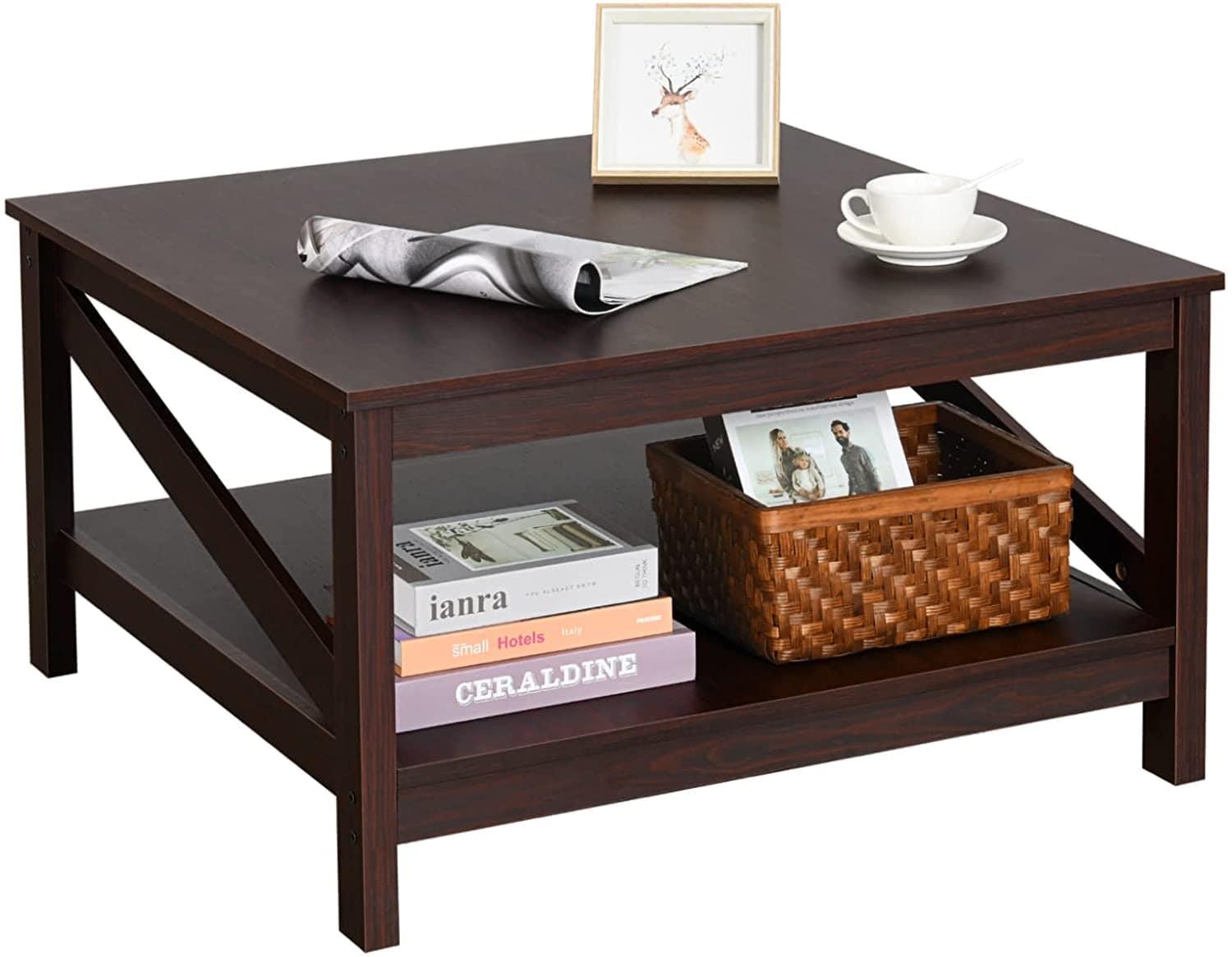 Square Two-Tier Coffee Tables with Storage,Coffee Table for Living Room, Center Table Coffee Table for Home ,Wood Living Room Table - Ouch Cart 