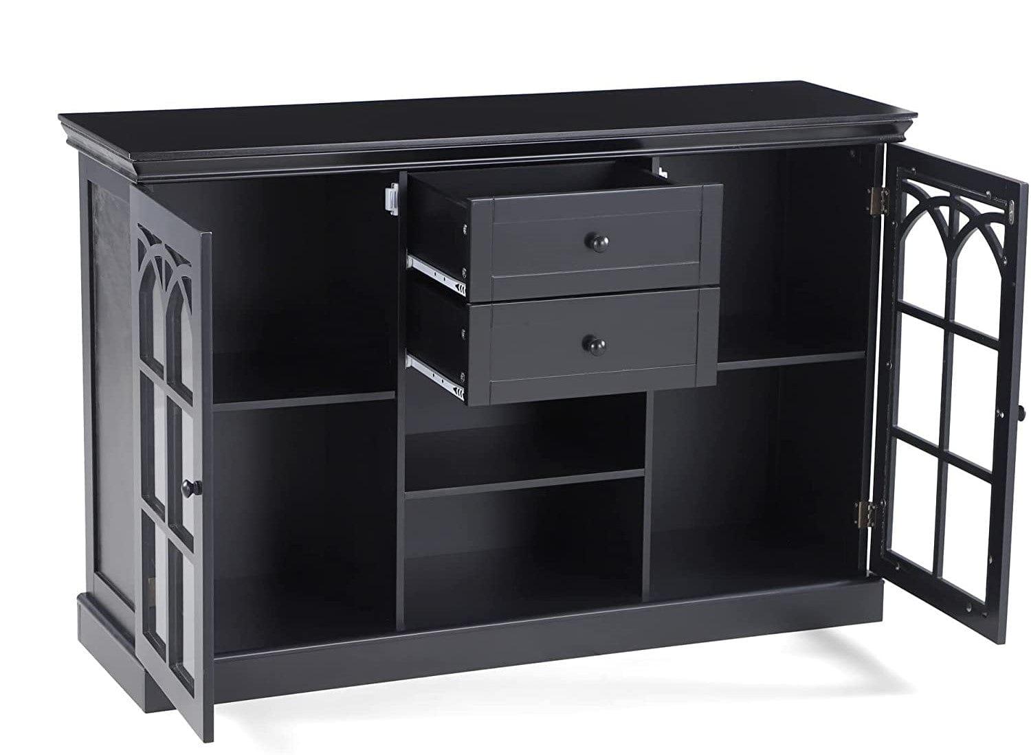 Sideboard Buffet Storage Cabinet with 2 Glass Doors & 2 Drawers Coffee Bar Modern Farmhouse Style Entryway Cabinet for Kitchen Dining Room Living Room, Black - Ouch Cart 