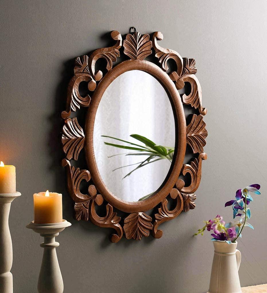 Handcrafted Wooden Wall Mirror for Home Décor (49.5 cm x 2 cm x 59.5 cm, Multicolor)