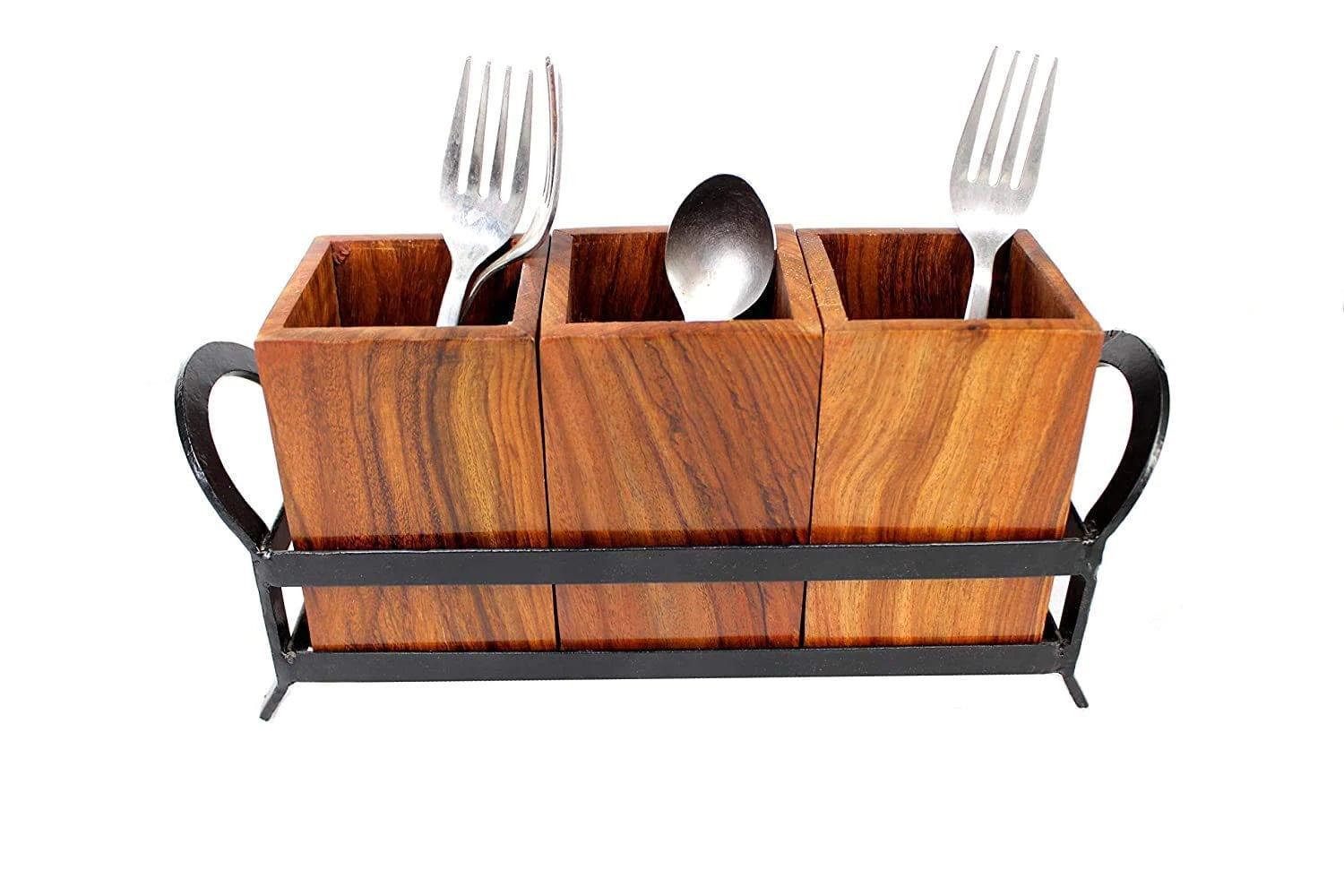 WOODEN & IRON CUTLERY HOLDER/TABLE ORGANIZER/MULTIPURPOSE STAND - Ouch Cart 