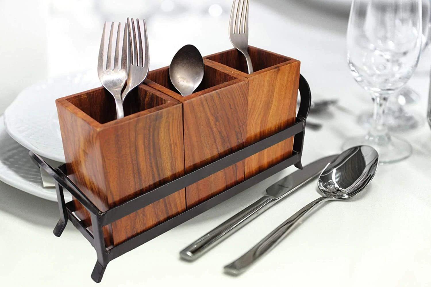 WOODEN & IRON CUTLERY HOLDER/TABLE ORGANIZER/MULTIPURPOSE STAND - Ouch Cart 
