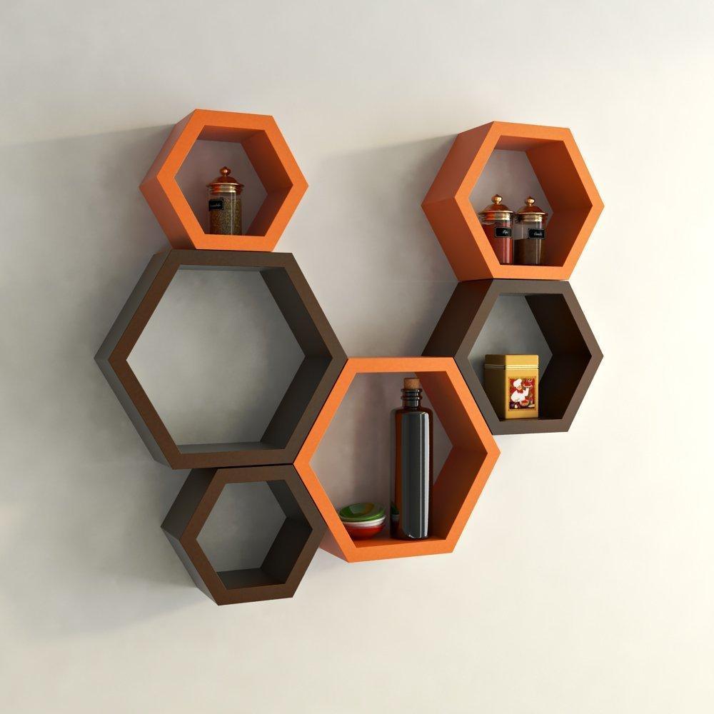 Fancy 6 Pcs Hexagonal Wooden Wall Shelf Home decoration