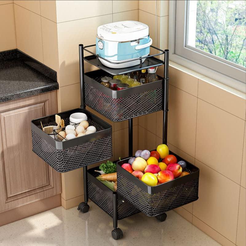 Kitchen Trolley Kitchen Organizer Items And kitchen accessories items for Kitchen Storage Rack Square Design Fruits & Vegetable Onion Cutlery ,Jars Container Kitchen Trolley with Wheels Black - Ouch Cart 