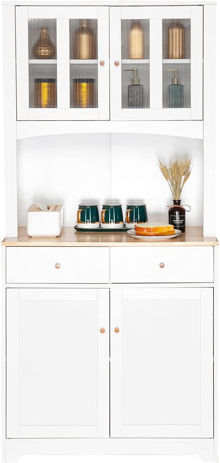 Buffet Cabinet with Hutch Kitchen Pantry Storage Cabinet White Sideboard for Kitchen Storage Microwave Cabinet with Storage, 4 Doors, 2 Adjustable Shelves & 1 Drawers