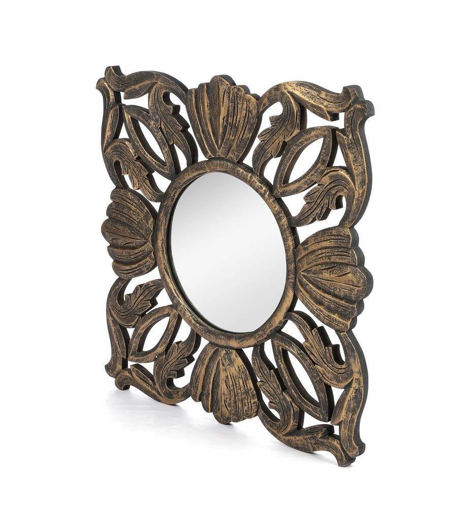 Wood Hand Crafted Square Antique Finished Vanity Wall Mirror for Living Room, 20X20 Inches (Gold) - Ouch Cart 