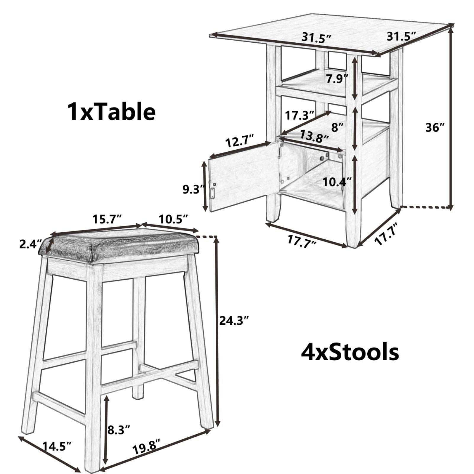 5 Pieces Counter Height Wood Kitchen Dining Table Set with 4 Upholstered Stools with Storage Cupboard and Shelf for Small Places, Gray