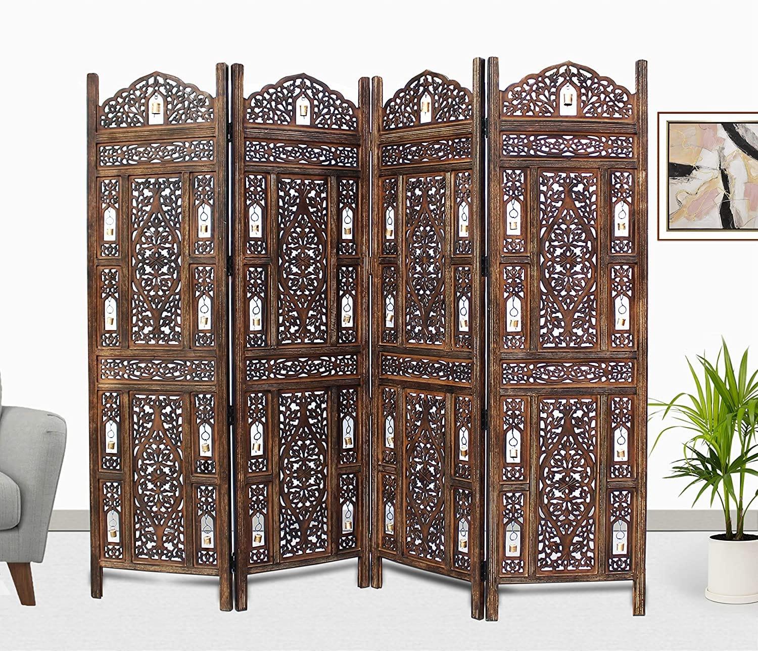 4 Panel Wooden Handcrafted Partition Room Divider Separator for Living Room Office Partition Screen Room Divider Wood Partitions for Home Kitchen & Office - Ouch Cart 