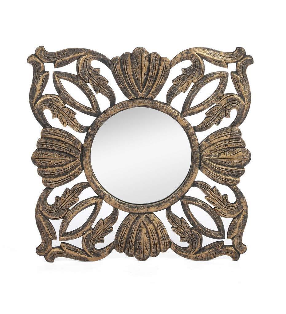 Wood Hand Crafted Square Antique Finished Vanity Wall Mirror for Living Room, 20X20 Inches (Gold) - Ouch Cart 