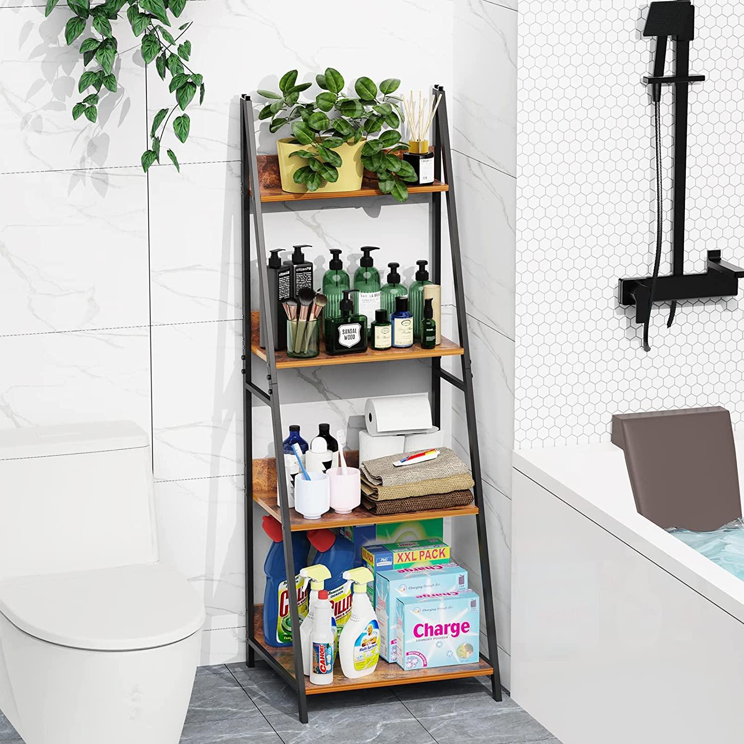 4-Tier Ladder Shelf, Wood Plant Flower Stand Storage Rack Shelf Steel Frame for Office and Home(Brown) - Ouch Cart 