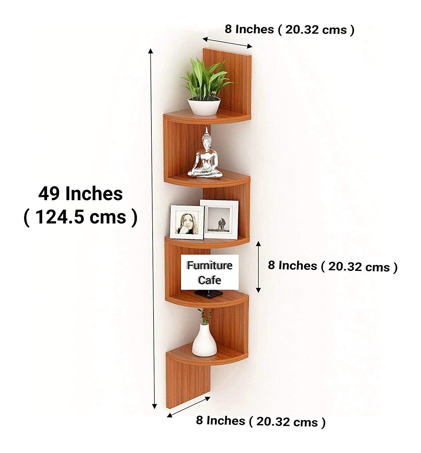Wooden Wall Shelves | Corner Hanging Shelf for Living Room Stylish | Zig Zag Home Decor Floating Display Rack Storage Organizer Unique Design with Brown Finish 5 Tiers (Set of 2) - Ouch Cart 