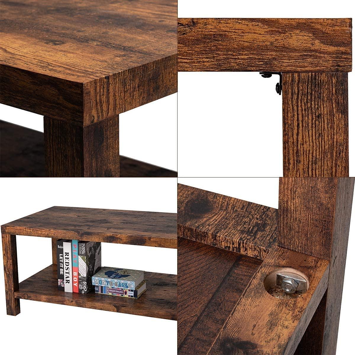 Rustic Farmhouse Coffee Table, Living Room Table with Storage Shelf, Two-Tier Coffee Table for Living Room - Ouch Cart 