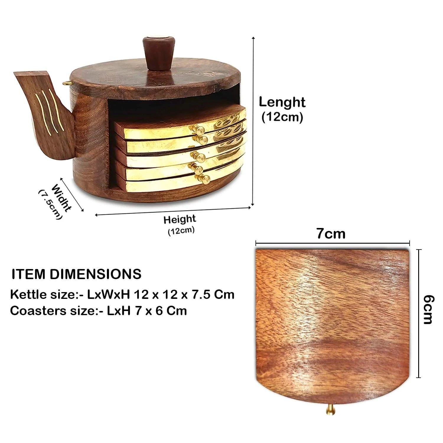 SHEESHAM WOOD KETTLE SHAPE COASTERS ( SET OF 6 ) FOR TEA CUPS/COFFEE CUPS - Ouch Cart 