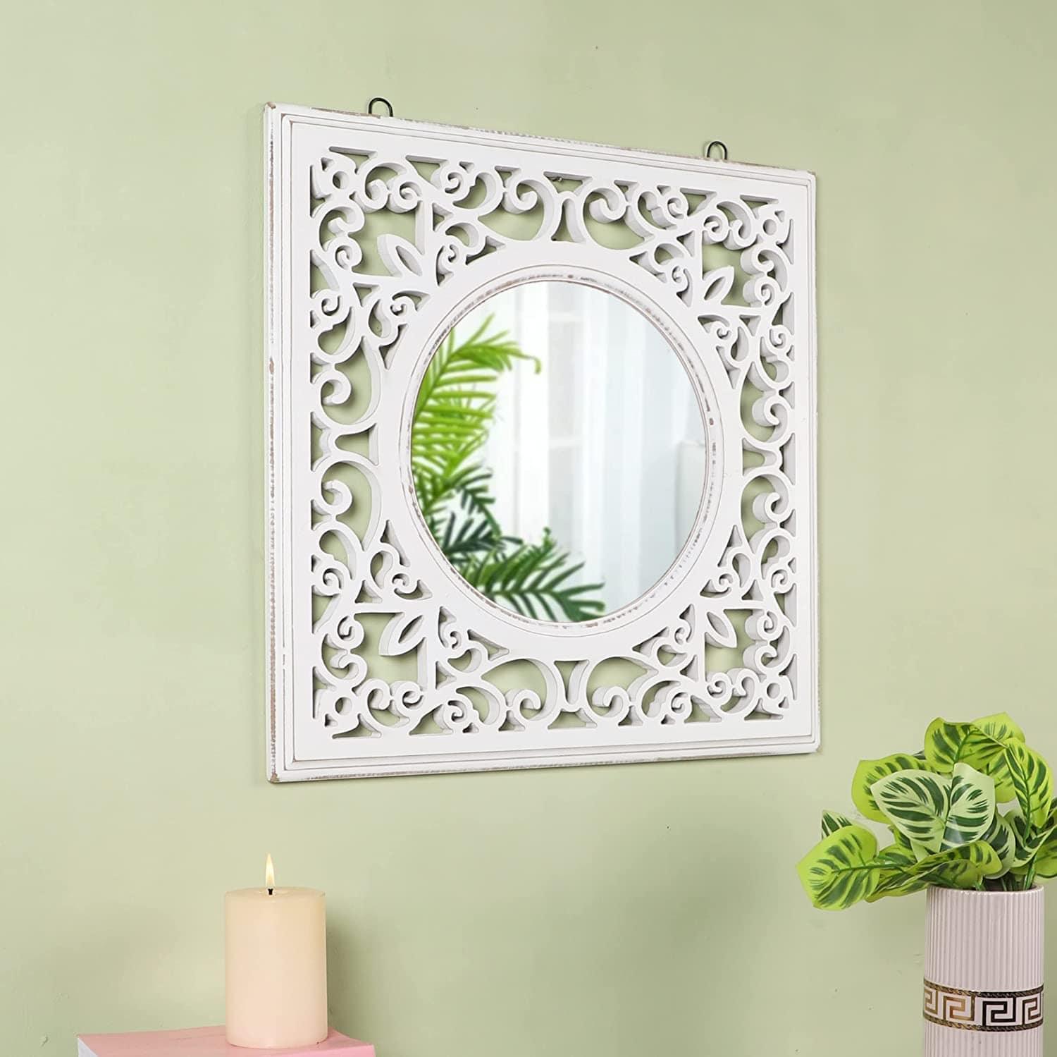 Decorative Wall Mirror for Bathroom, Living Room, White, AHMR72, 50 cm x 50 cm x 2 cm - Ouch Cart 