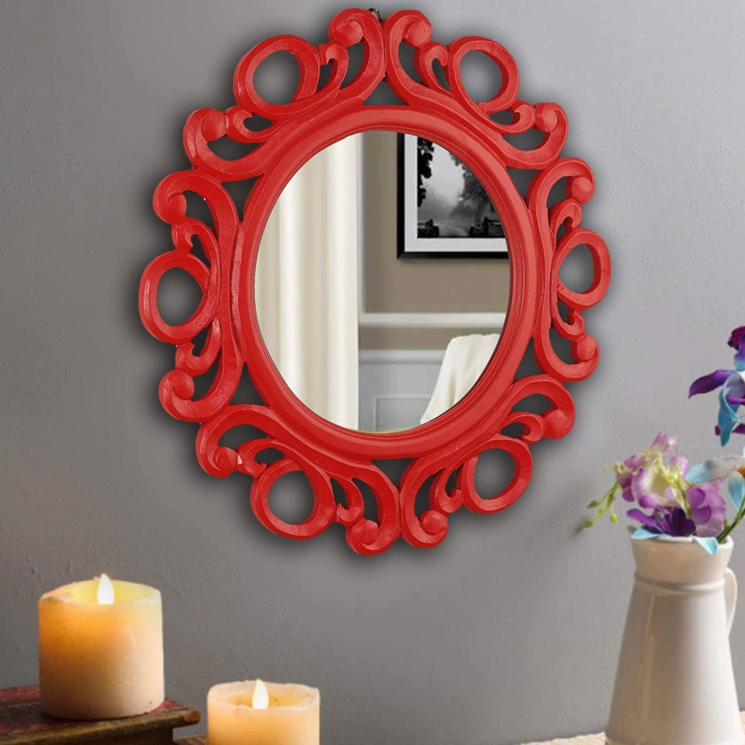 Handcrafted Wood Wall Mirror (50.8 cm x 50.8 cm x 2.5 cm, Red) - Ouch Cart 