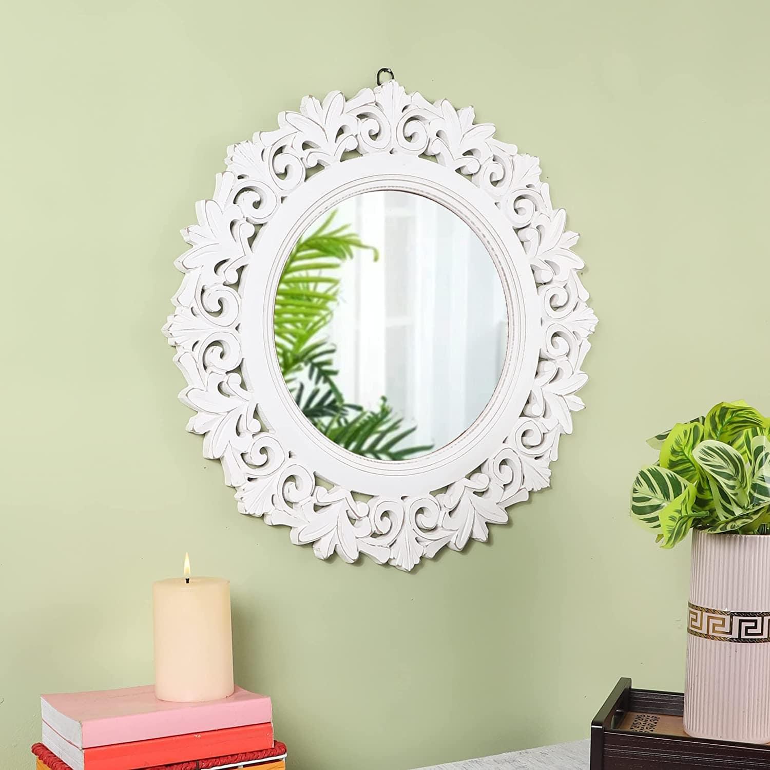 Decorative Wall Mirror for Bathroom, Living Room, White, AHMR71, 50 cm x 50 cm x 2 cm - Ouch Cart 