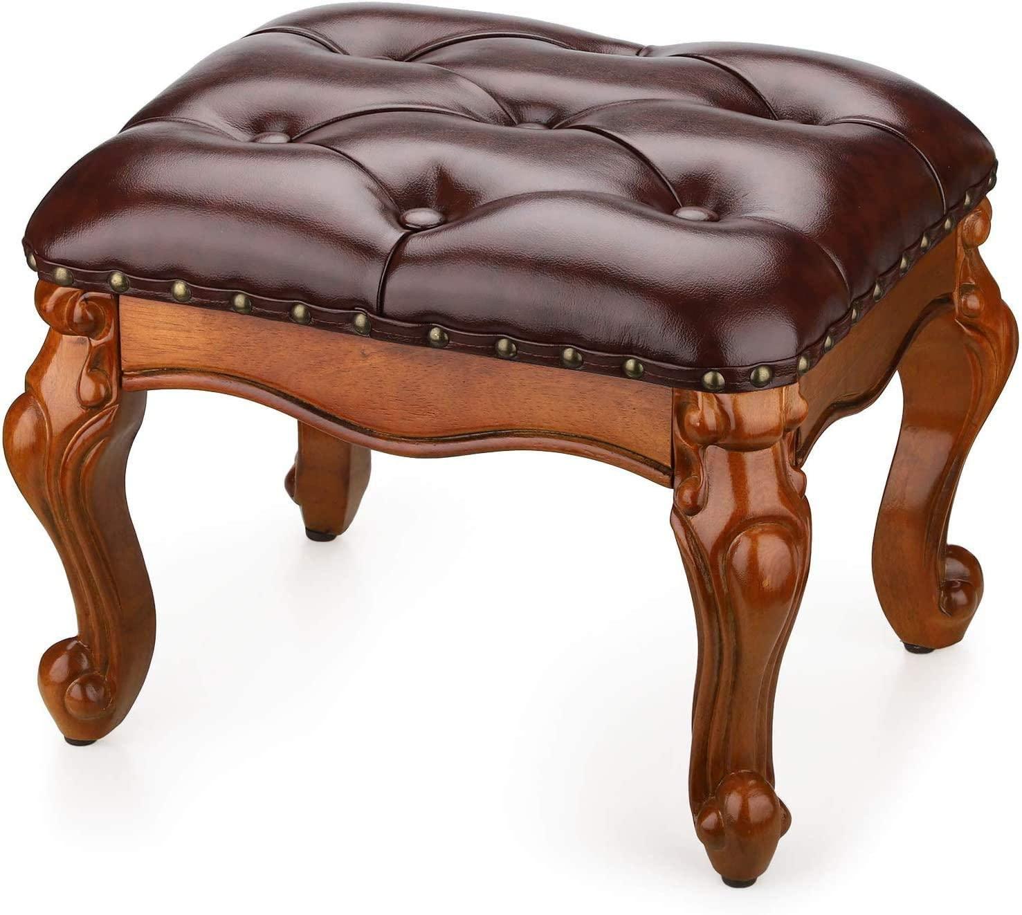 Small Footstool Ottoman Upholstered Footstool, Solid Rubber Wood/Living Room Stool. (Brown) - Ouch Cart 