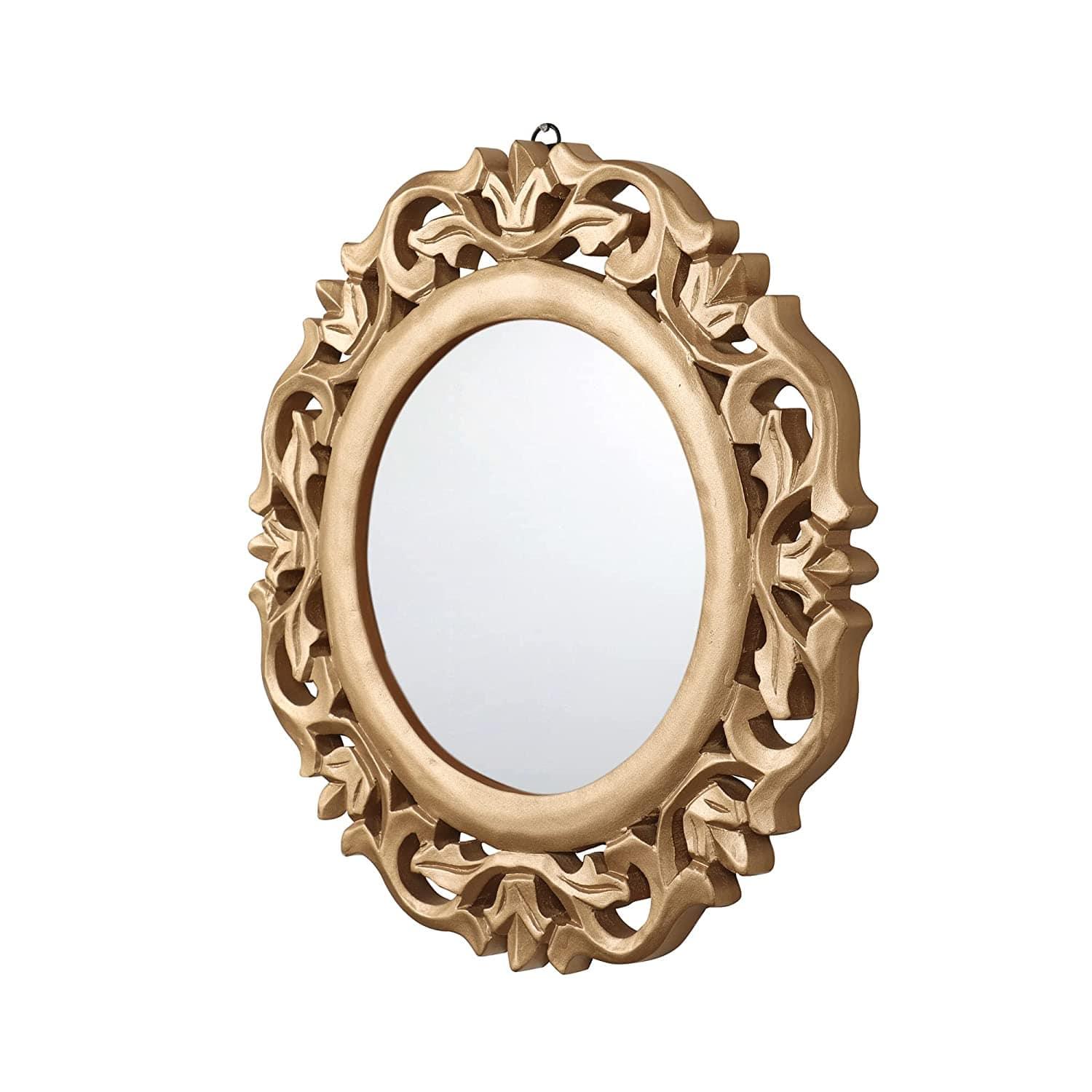 Decorative & Hand Crafted Wooden Mirror in Rich Gold Finish ( 14”x14 x1), Round, Wall mounting, Framed - Ouch Cart 