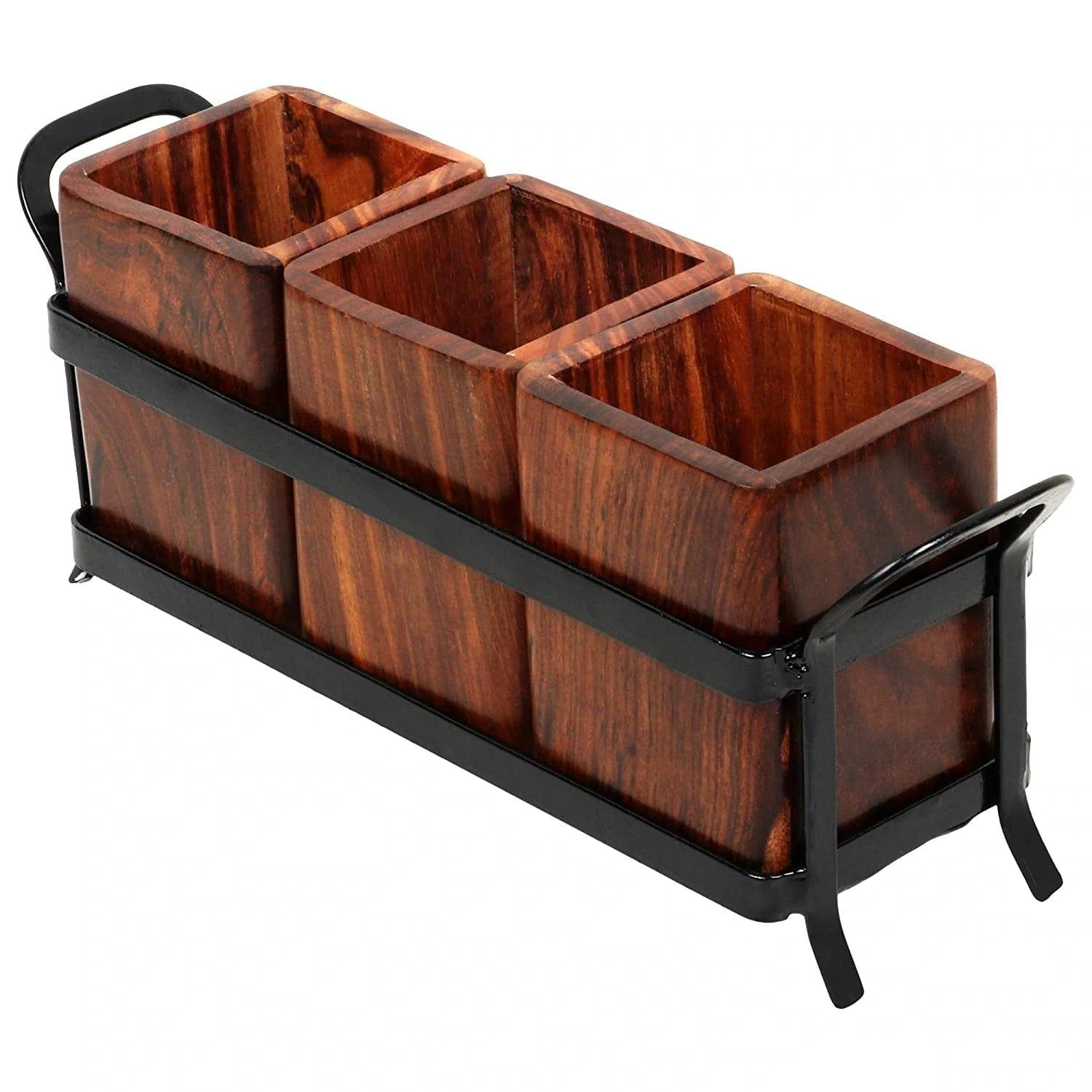 WOODEN & IRON CUTLERY HOLDER/TABLE ORGANIZER/MULTIPURPOSE STAND - Ouch Cart 