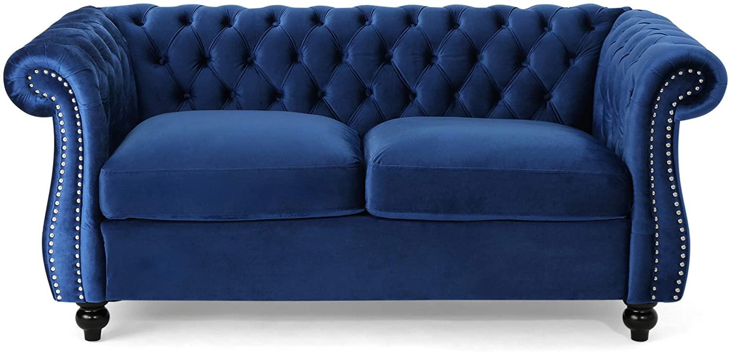 Karen Traditional Chesterfield Loveseat Sofa, Navy Blue and Dark Brown, 61.75 x 33.75 x 27.75