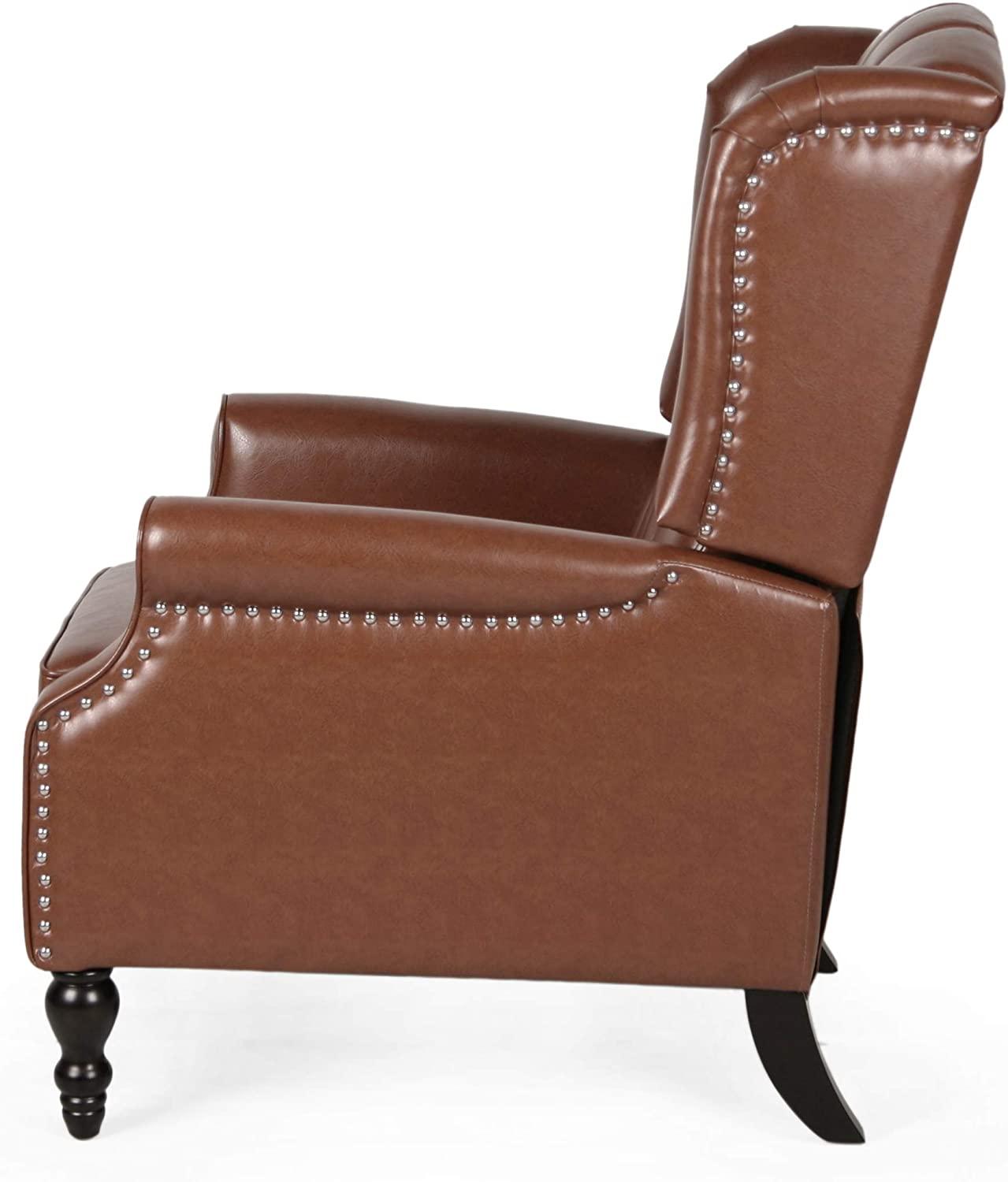Contemporary Wide Tufted Recyliner Wooden Chair , Cognac Brown, Dark Brown - Ouch Cart 