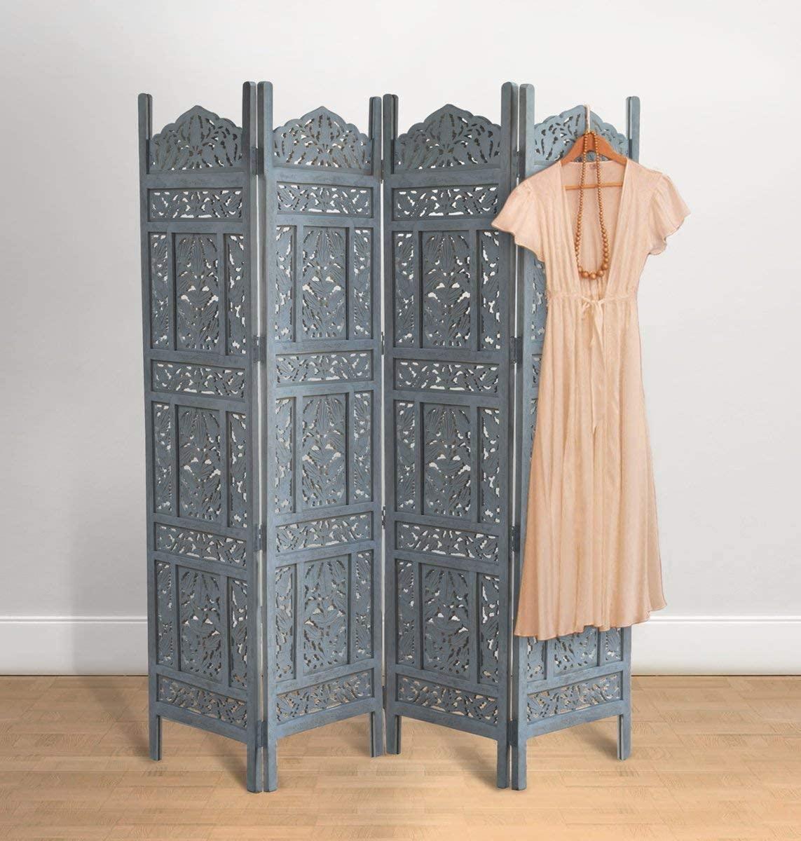 4 Panel Handcrafted Wooden Partition Screen Room Divider, Natural Wood Color Wooden Partition Foldable Room Partition Screen Dividers 4 Panels Wooden Partition Room Divider Flooring & Wall Panels Room Partitions - Ouch Cart 