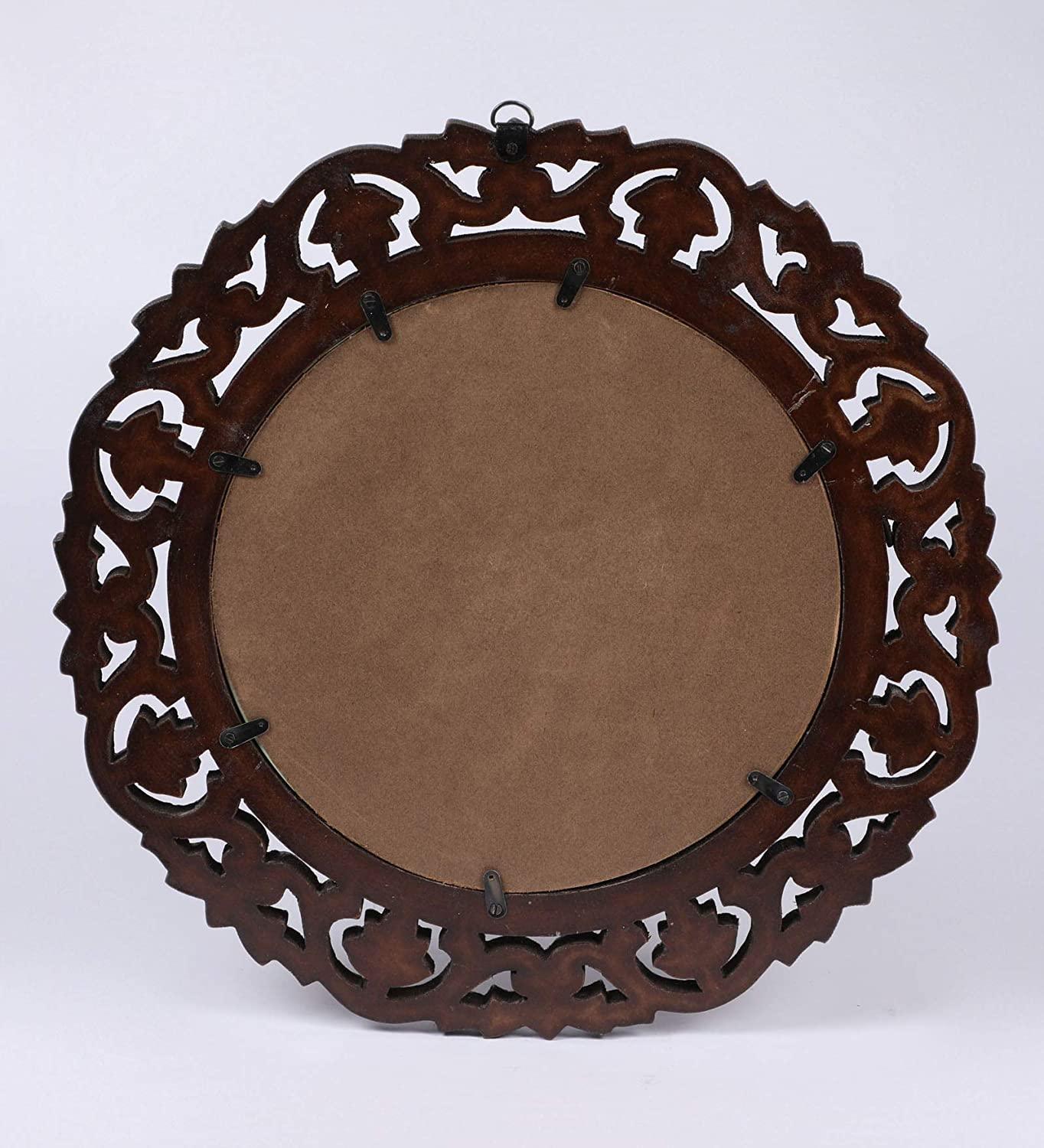 Hand Crafted Wooden Round Shape Vanity Wall Mount Mirror- Brown, 16 X 16 Inches, Framed