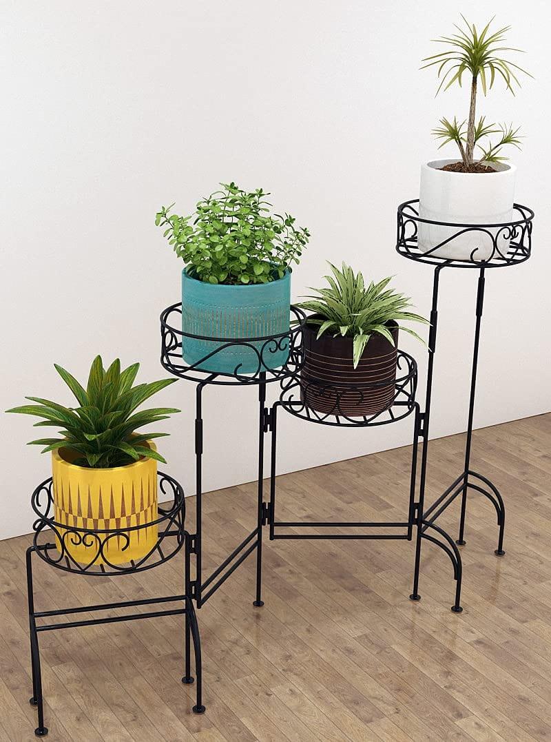 4 Tier Metal Plant Stand, Foldable Flower Pot Holder for Room, Rustproof Potted Storage Shelf Rack- Black (Upgrade Black) - Ouch Cart 